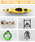 Badass Heavy Duty Garage Storage Hooks holding a yellow kayak, shelf items, hose, ladder, and shovel on a wall.