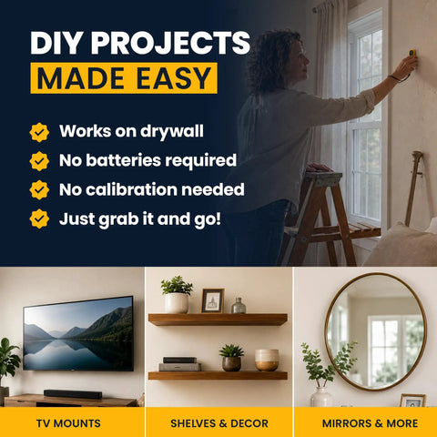 Magnetic Stud Finder With Built In Level And Marker Battery Free Powerful Detection For Fast Accurate Wall Stud Location Easy Mark Button For Quick Drilling And Layout No Batteries Needed Perfect For DIY Projects. Yellow magnetic stud finder on drywall
