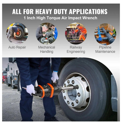 Professional Grade One Inch Air Impact Wrench Built Like A Tank To Handle Heavy Duty Tasks With 5175 Foot Pounds Breakaway Torque For Semi Trucks Buses And Shop Floor Mechanics Featuring An Eight Inch Extended Reach Anvil being used on a truck tire.