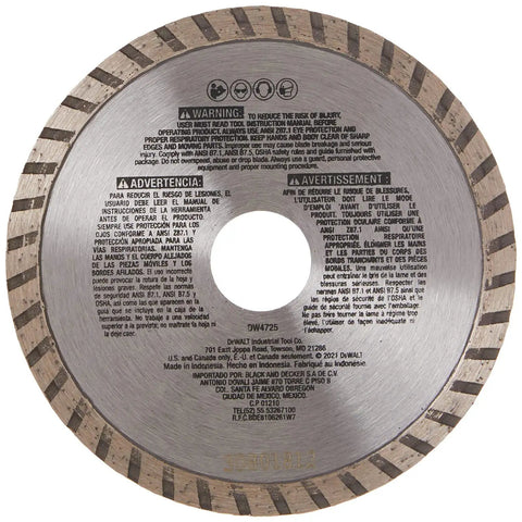 Pro Grade Diamond Blade For Masonry Dry Cutting With Continuous Rim And Seven Eighths Inch Arbor For Four Point Five Inch Disc