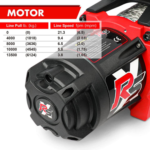 Close-up of electric motor with specs for Beefed Up Heavy Duty 13500 Pound Electric Winch for Off Road Recovery.