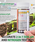 Close-up of 2-In-1 Soil pH And Nitrogen Tester Kit With Measuring Cylinder, 100 Test Strips, instructions visible.