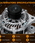 Premium Alternator Replacement For 2013 To 2017 Accord 2.4L 4 Cylinder, Easy Install With Direct Fit, OE Standard Quality, Compatible With 31100-5A2-A02, Durable Auto Electrical Part For Reliable Charging with specifications, 12V, 110 Amp, clockwise rotation, internal regulator, internal fan, 7-groove pulley.