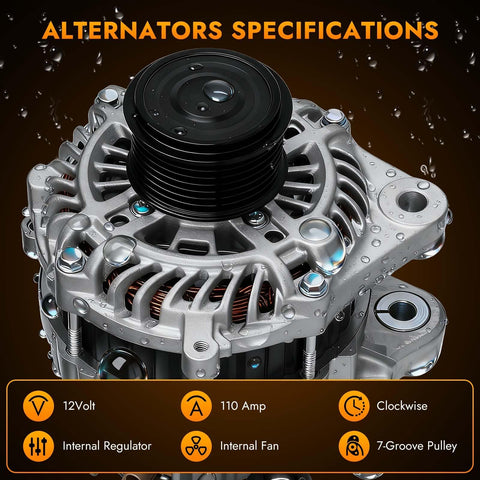 Premium Alternator Replacement For 2013 To 2017 Accord 2.4L 4 Cylinder, Easy Install With Direct Fit, OE Standard Quality, Compatible With 31100-5A2-A02, Durable Auto Electrical Part For Reliable Charging with specifications, 12V, 110 Amp, clockwise rotation, internal regulator, internal fan, 7-groove pulley.