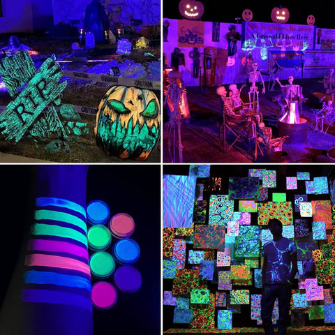 Outdoor display with neon skeletons and body paint under 40 Foot LED UV Black Light System With 120 UV LEDs for Halloween decor.