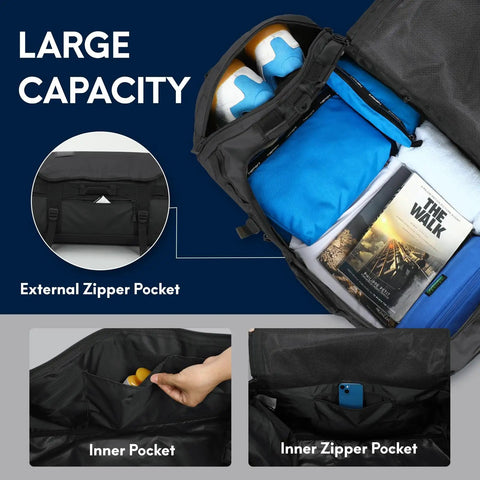 45L Black Duffle Backpack Carry On Travel Duffle Bag With Shoe Compartment Converts To Duffle Backpack Or Shoulder Bag For Camping And Weekend Trips Durable Go To Gear For Any Adventure - Interior View with Large Capacity and Compartments