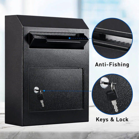 Key Drop Box Wall Mount With Lockable Mail Slot For Cash Deposits, Secure Business Depository Safe, Indoor Use, Black Finish