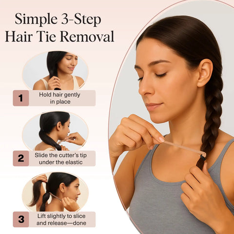 Elastic Hair Tie Cutter Tool No Tug Removal Multicolor 3pc Set shown on woman removing a braid elastic, 3-step use guide