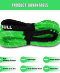 Kinetic Recovery Rope 1 Inch By 30 Foot Green Heavy Duty Snatch Strap coiled with product advantages and features shown
