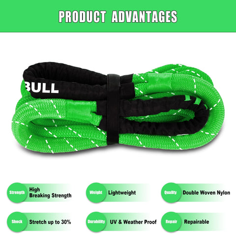 Kinetic Recovery Rope 1 Inch By 30 Foot Green Heavy Duty Snatch Strap coiled with product advantages and features shown