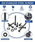 Pro Grade Stainless Steel Lag Screws Set With Black Oxide Finish Includes One Inch One And A Half Inch Two Inch Two And A Half Inch And Three Inch Lag Bolts In A 155 Piece Assortment With Washers Heavy Duty Wood Screws 304, shown with bolts and washers.