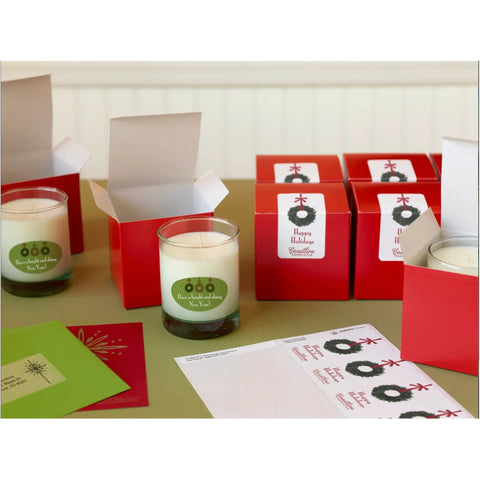 Dead On Half Sheet Printable Shipping Labels With True Block Coverage To Hide Old Ink Smoothly Laser Ready White Mailing Stickers For Zero Sweat Organizing And Quick Parcel Mail Outs Straight Up next to red candle boxes.