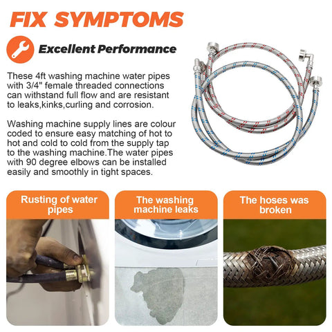 4 Ft Stainless Steel Washer Hoses With 90 Degree Elbows 2 Pack No Lead Burst Proof Hot And Cold Water Supply Lines image