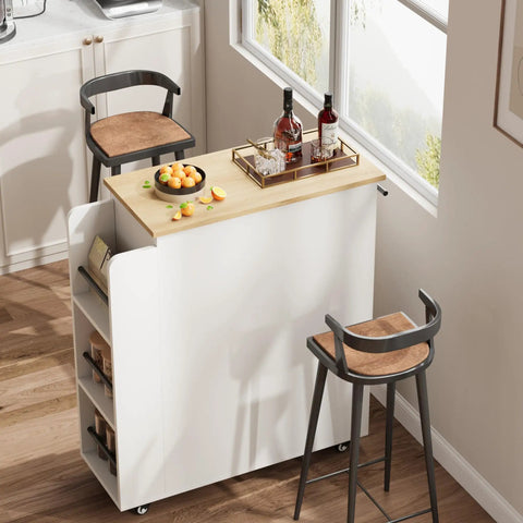 Farmhouse Mobile Kitchen Island Cart With Slick Rolling Lockable Casters And Front Glass Cabinet Plus Roomy Gear Hauler Drawer And Three Tier Spice Shelf For Weekend Cookoffs, wooden top with fruits and drinks, side shelves.