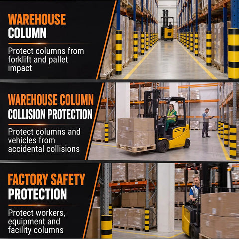 Heavy Duty Forklift Column Protectors Built Tough For Rough Warehouses, High Visibility PVC rack guards shown in warehouse setting.