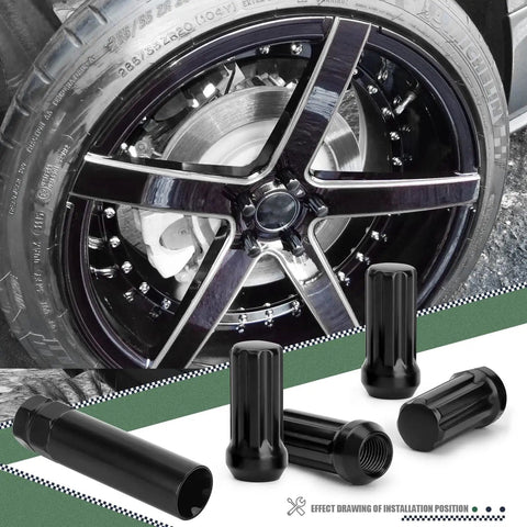 Beefy Black M14x1.5 Spline Lug Nuts Set 2In Long With 60 Degree Taper Includes 7 Point Socket Key Anti Theft Design visible near wheel