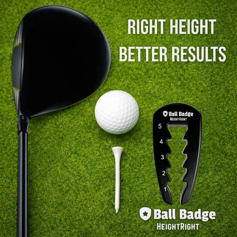 Five Level Adjustable Golf Tee Height Tool beside golf ball and driver on grass