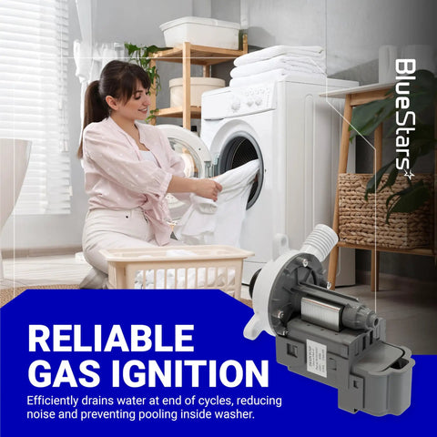Woman doing laundry with Washer Drain Pump Replacement Drop In W10276397 For Whirlpool Kenmore Maytag nearby