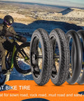 Puncture Resistant Fat Bike Tire Set With 20x3.0, 20x4.0, 26x4.0 Sizes, Folding 60 TPI showcased on mountain biking terrain.
