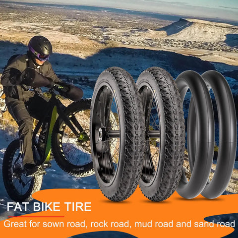 Puncture Resistant Fat Bike Tire Set With 20x3.0, 20x4.0, 26x4.0 Sizes, Folding 60 TPI showcased on mountain biking terrain.