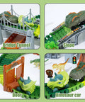 Awesome Dinosaur Race Track Playset With 140 Tracks, Dinosaurs, Cars, Bridges, Ramps, Trees And Traffic Lights, A Kid Friendly Build And Race Set For Ages 3 4 5 6 7 8 9, Great Party Gift showing bridge, slope, door, and dinosaur car on track