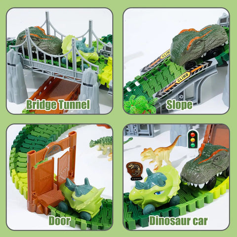 Awesome Dinosaur Race Track Playset With 140 Tracks, Dinosaurs, Cars, Bridges, Ramps, Trees And Traffic Lights, A Kid Friendly Build And Race Set For Ages 3 4 5 6 7 8 9, Great Party Gift showing bridge, slope, door, and dinosaur car on track