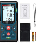 328Ft Laser Distance Meter With Ft In M Switch Dual Bubble Levels Auto Calibration Large Backlit Lcd, showing display and accessories.