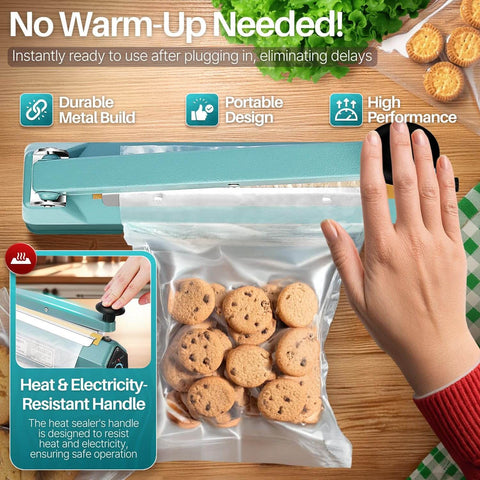 20 Inch Impulse Sealer With 750W Heating, sealing plastic bag with cookies, teal color, no warm up needed, portable design