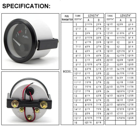52mm Fuel Level Gauge Kit With Tank Sending Unit for Boats, RVs, and Marine Equipment, 12V Universal Water and Fuel Sender, 2-Inch Gauge Meter, Plug-And-Play Rugged Marine Sensor for Accurate Fuel Readings, side view with rear terminals