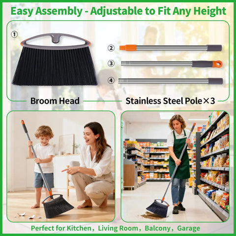 Heavy Duty Broom With Collapsible Handle For Indoor Outdoor Sweeping, Stiff Bristles Tackle Pet Hair Dust And Grime On Wood Or Tile Floors, Gray Real Workhorse Cleaner That Gets It Done with broom head and stainless steel poles.