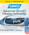 TastePure RV Water Filter Inline System With Flexible Hose Protector Six Step Filtration GAC And KDF showcased in blue.