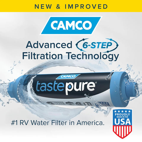 TastePure RV Water Filter Inline System With Flexible Hose Protector Six Step Filtration GAC And KDF showcased in blue.