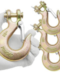 Top Shelf Heavy Duty Grade 70 Steel Clevis Slip Hooks With Secure Safety Latch 5/16 Inch chain hooks in a gloved hand.