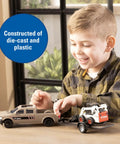 Child playing with One Thirty Two Scale Die Cast Skid Steer And Pickup Truck Construction Toy Set With Trailer And Cones Plus Worker Figure