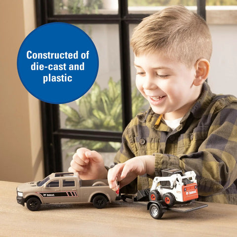 Child playing with One Thirty Two Scale Die Cast Skid Steer And Pickup Truck Construction Toy Set With Trailer And Cones Plus Worker Figure