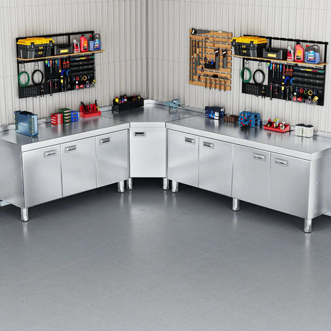 Corner Stainless Steel Prep Table With Cabinet For Work And Storage Heavy Duty Stain Resistant Commercial Kitchen Workstation Outdoor Cabinet With Pull Out Door For Restaurant Hotel Garage And Cafe in a workshop setup.