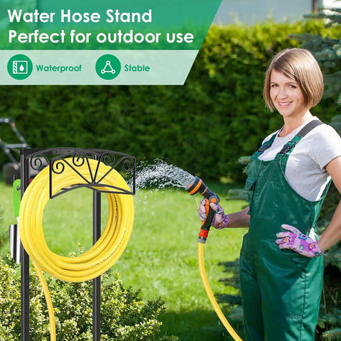 Woman using hose beside Heavy Duty Garden Hose Holder With 4 Ground Spikes, Upgraded Metal Hose Reel Stand Holds Up To 160 Ft Of Hoses