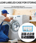 Handyman using 645 Piece M2 Metric Screw Set With Flat Head Countersunk Hex Socket Cap Screws for washer repair, kit displayed.