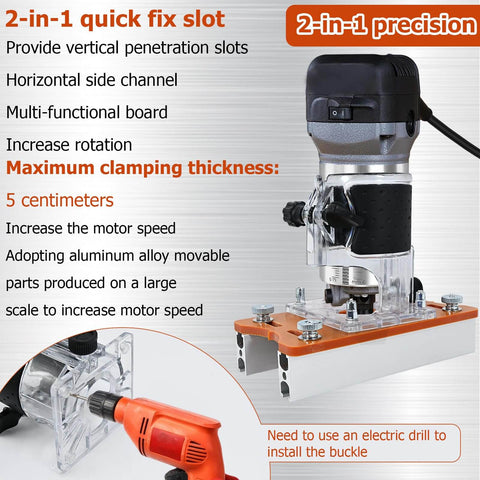 Pro Grade 2-In-1 Router Jig For Slotting And Positioning, showing heavy duty aluminum bracket and router attachment.