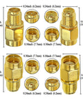 4 Pack SMA To RP SMA Coax Connector Adapter Kit Low Loss Gold Plated Brass Cables For Radio Antenna Audio Video Ham Radio Setup And Diy Projects Ideal For Antenna Masts CB Radios And Various Applications, showing dimensions of each connector.