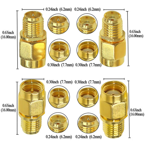 4 Pack SMA To RP SMA Coax Connector Adapter Kit Low Loss Gold Plated Brass Cables For Radio Antenna Audio Video Ham Radio Setup And Diy Projects Ideal For Antenna Masts CB Radios And Various Applications, showing dimensions of each connector.
