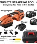 Complete strapping tool kit featuring a Heavy Duty Workhorse Electric Strapping Machine for pallet wrapping, batteries, and tools.