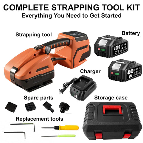 Complete strapping tool kit featuring a Heavy Duty Workhorse Electric Strapping Machine for pallet wrapping, batteries, and tools.