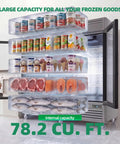 Heavy Duty Three Door Glass Display Freezer keeps your store inventory chill with 78 cu ft capacity showcasing frozen goods.