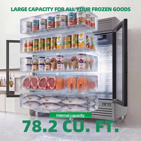 Heavy Duty Three Door Glass Display Freezer keeps your store inventory chill with 78 cu ft capacity showcasing frozen goods.
