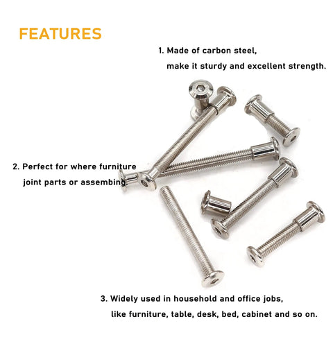 10 Pack M6 X 35 Millimeter Countersunk Hex Head Socket Cap Bolts Paired With Barrel Nuts Smooth Silver Nickel Plated hardware on white background
