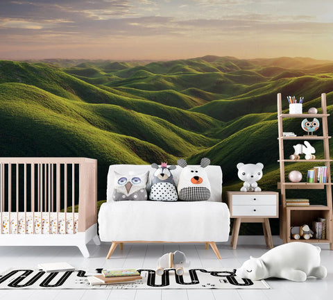 Custom Peel And Stick Wall Mural Featuring Lush Green Meadow Scene in a child’s room with soft toys and crib.