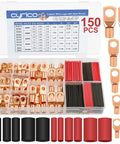 Copper Battery Cable Ends And Wire Lugs Assortment Kit With AWG 2 4 6 8 10 Gauge, 70Pcs Lugs, 80Pcs Ring Terminal Connectors, Heat Shrink Tubing Set, Marine Electrical Supplies, Heavy Duty, Corrosion Resistant, Easy Install image showing the open box with copper lugs, ring connectors, and heat shrink tubing.