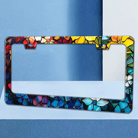 Dope Stainless Steel License Plate Frame With Marble Flower Floral Pattern Colorful Design 6x12 Inch Universal Car Frame