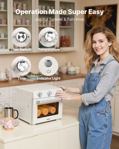 Woman using Sublimation Oven Machine Kit for Tumblers Mugs Bowls 26 Qt with 360 Turbo Convection in a kitchen setting
